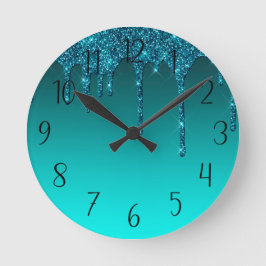 かわいいティール（緑がかった色）滴下グリッターラウンドクロック ラウンド壁時計