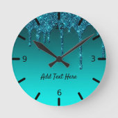 かわいいティール(緑がかった色)滴下グリッターラウンドクロック ラウンド壁時計 (正面)