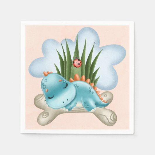 かわいいティール（緑がかった色）焼けオレンジ恐竜の赤ちゃんシャワー スタンダードカクテルナプキン (正面)
