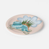かわいいティール（緑がかった色）焼けオレンジ恐竜の赤ちゃんシャワー ペーパープレート (アングル)