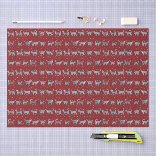 かわいいティール(緑がかった色)猫シルエットinサンタ帽子クリスマス 薄葉紙 (クラフト)