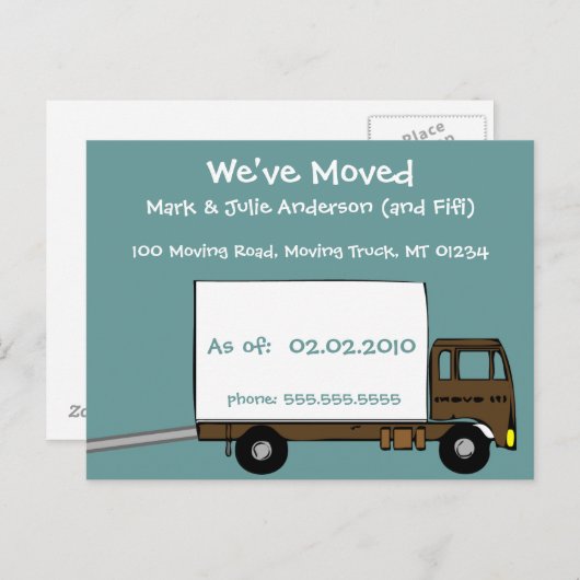 かわいいティール(緑がかった色)移動トラック私たちはカードを移動している 案内ポストカード (正面/裏面)