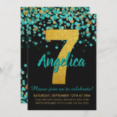 かわいいティール(緑がかった色)金ゴールドグリッターブラック紙吹雪7th誕生日 招待状 (正面/裏面)