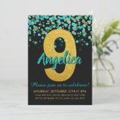 かわいいティール(緑がかった色)金ゴールドグリッターブラック紙吹雪9th誕生日 招待状 (スタンド正面)