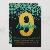 かわいいティール(緑がかった色)金ゴールドグリッターブラック紙吹雪9th誕生日 招待状 (正面/裏面)