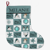 かわいいティール（緑がかった色）雪だるま ラージクリスマスストッキング (正面)