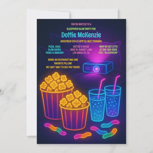 かわいいティーンエイジのスリップグローパーティームービー招待状 招待状 (正面)