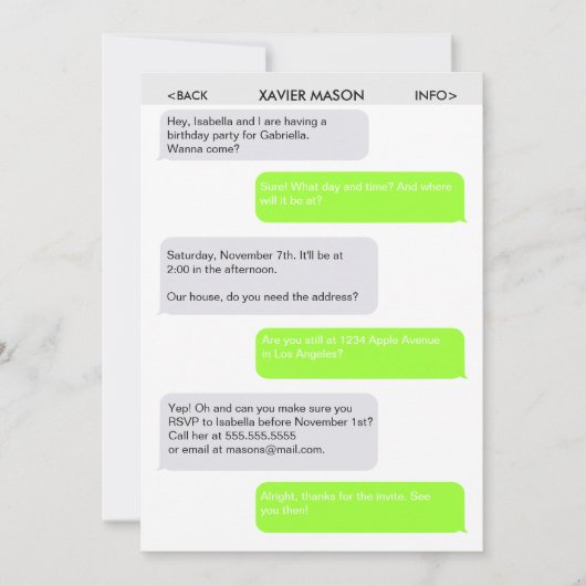 かわいいテキストメッセージのパーティの招待状 招待状 (正面)