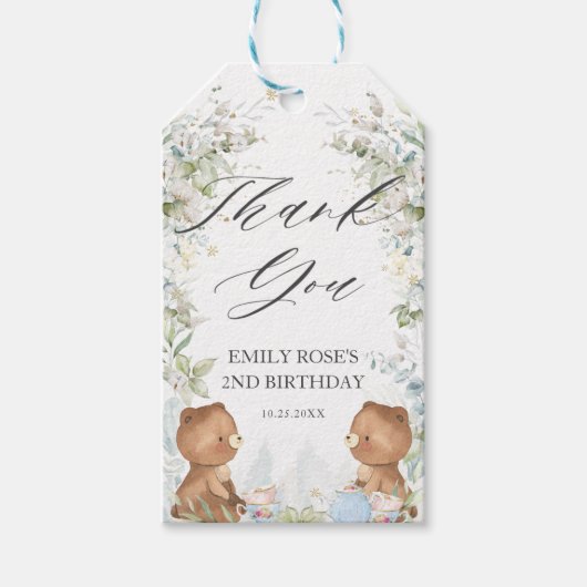 かわいいテディが2歳の誕生日のお茶をパーティー ギフトタグ (正面)