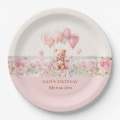 かわいいテディとバルーンピンクのベビーガール誕生日 ペーパープレート (正面)