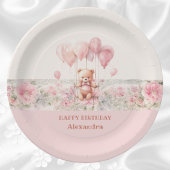 かわいいテディとバルーンピンクのベビーガール誕生日 ペーパープレート