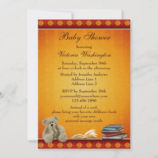 かわいいテディのニュートラルは本のベビーシャワーを持って来ます 招待状 (裏面)