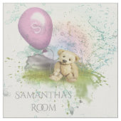 かわいいテディのピンクの気球の女の赤ちゃんの子供部屋 ファブリック (クローズアップ)