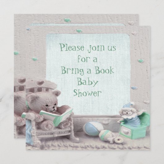 かわいいテディの読書は本のベビーシャワーを持って来ます 招待状 (正面/裏面)