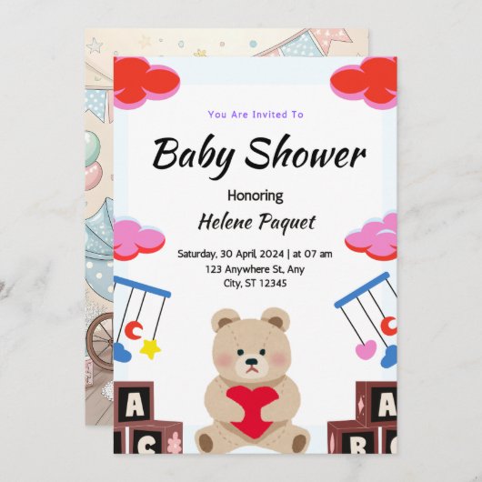 かわいいテディカスタム男の赤ちゃんシャワー招待状 招待状 (正面/裏面)