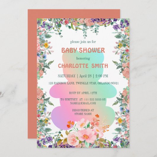 かわいいテディクマの水の色のグラデーション赤ちゃんシャワー 招待状 (正面/裏面)