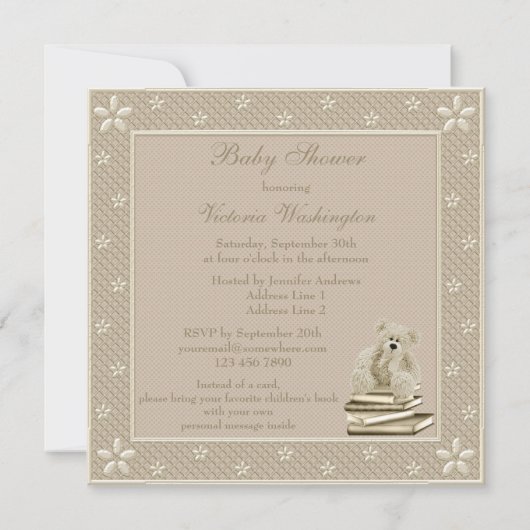 かわいいテディニュートラルで本を持ち込む赤ちゃんシャワー 招待状 (裏面)