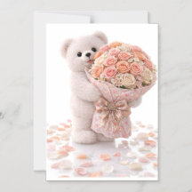 かわいいテディベアがピンクサーモンピーチのバラの花束を持っています