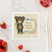かわいいテディベアが花を持つ誕生日 スタンダードカクテルナプキン (インサイチュ)