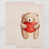 かわいいテディベアが赤いハートを抱える 便箋 (正面/裏面)