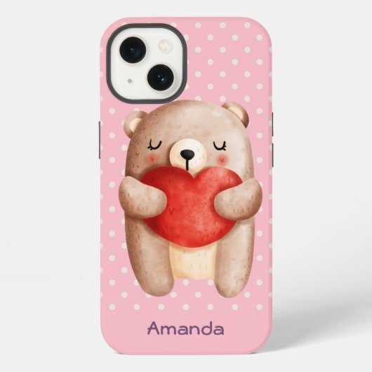  かわいいテディベアが赤いハートを持っている iPhoneケース (裏面)