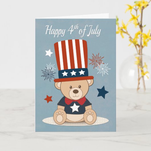 かわいいテディベアさん，7月4日の花火大会 カード (黄色い花)