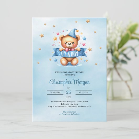 かわいいテディベアそれは男の子の赤ちゃんシャワーだ 招待状 (スタンド正面)