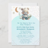 かわいいテディベアで本を持って来る赤ちゃんシャワー 招待状 (正面)