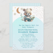 かわいいテディベアで本を持って来る赤ちゃんシャワー 招待状 (正面/裏面)