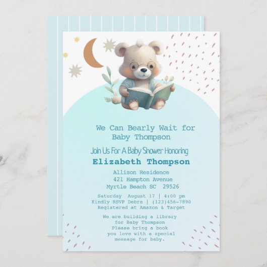 かわいいテディベアで本を持って来る赤ちゃんシャワー 招待状 (正面/裏面)