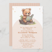 かわいいテディベアで本を持って来る赤ちゃんシャワー 招待状 (正面/裏面)
