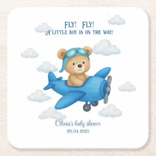 かわいいテディベアで飛行機の赤ちゃんシャワー | スクエアペーパーコースター (正面)