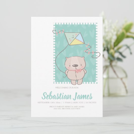 かわいいテディベアとカイト新生児 案内状 (スタンド正面)