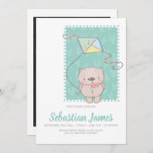 かわいいテディベアとカイト新生児 案内状 (正面/裏面)