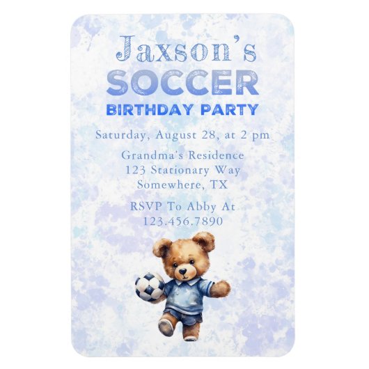 かわいいテディベアとサッカーの誕生日パーティー招待状 マグネット (縦)