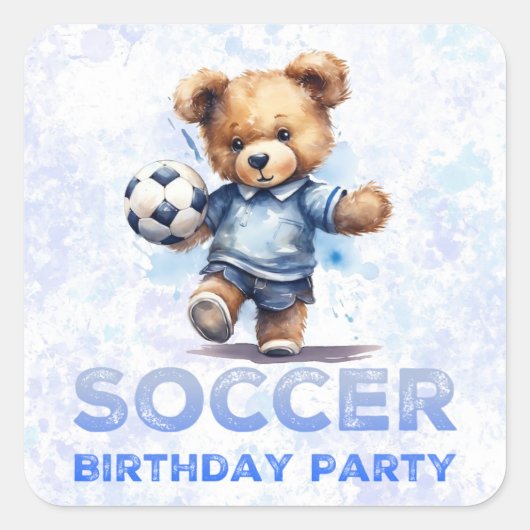 かわいいテディベアとサッカーの誕生日パーティー スクエアシール (正面)