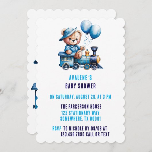 かわいいテディベアとトレインボーイ赤ちゃんシャワー 招待状 (正面/裏面)