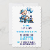 かわいいテディベアとトレインボーイ赤ちゃんシャワー 招待状 (正面)