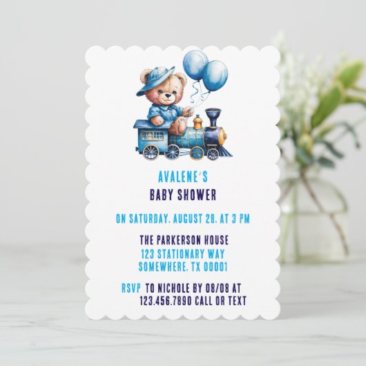 かわいいテディベアとトレインボーイ赤ちゃんシャワー 招待状 (スタンド正面)