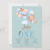 かわいいテディベアとバルーンベビー誕生日 招待状 (正面)