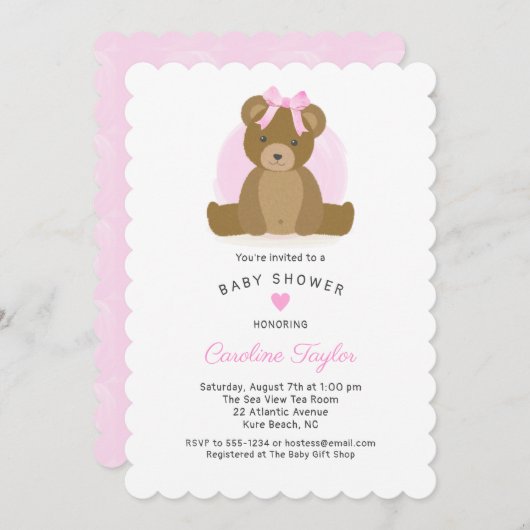 かわいいテディベアとピンクの弓の少女シャワー 招待状 (正面/裏面)