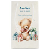 かわいいテディベアとプレゼント包まれたベビーシャワー スモールペーパーバッグ (裏面)