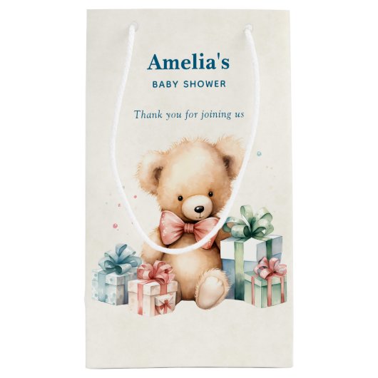 かわいいテディベアとプレゼント包まれたベビーシャワー スモールペーパーバッグ (裏面)