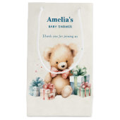 かわいいテディベアとプレゼント包まれたベビーシャワー スモールペーパーバッグ (正面)