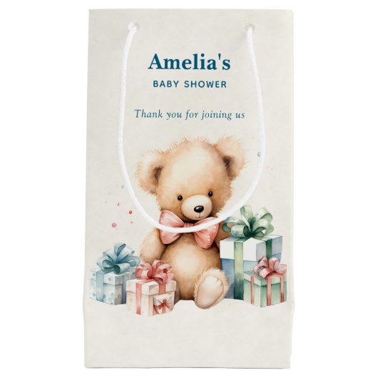 かわいいテディベアとプレゼント包まれたベビーシャワー スモールペーパーバッグ (正面)