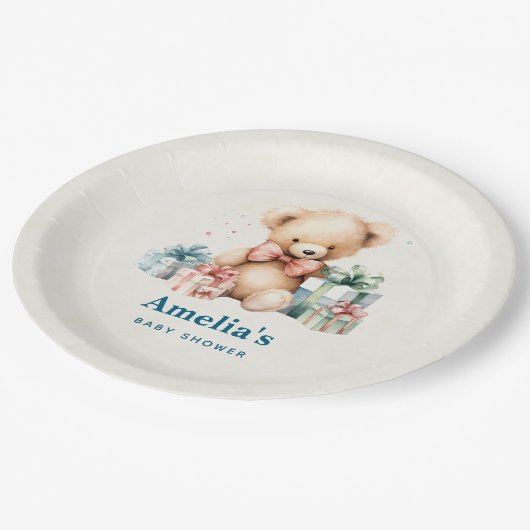 かわいいテディベアとプレゼント赤ちゃんシャワー ペーパープレート (アングル)