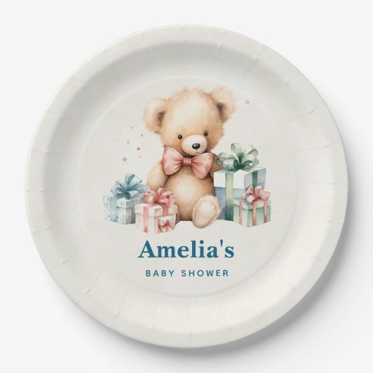 かわいいテディベアとプレゼント赤ちゃんシャワー ペーパープレート (正面)