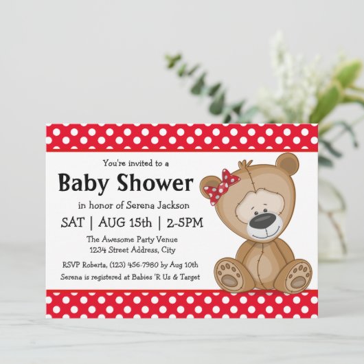 かわいいテディベアと水玉模様赤ちゃんシャワー 招待状 (スタンド正面)