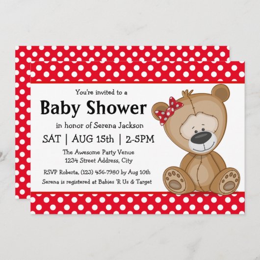かわいいテディベアと水玉模様赤ちゃんシャワー 招待状 (正面/裏面)