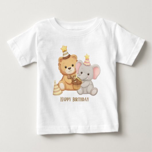 かわいいテディベアと象の誕生日子供服Tシャツ ベビーTシャツ (正面)